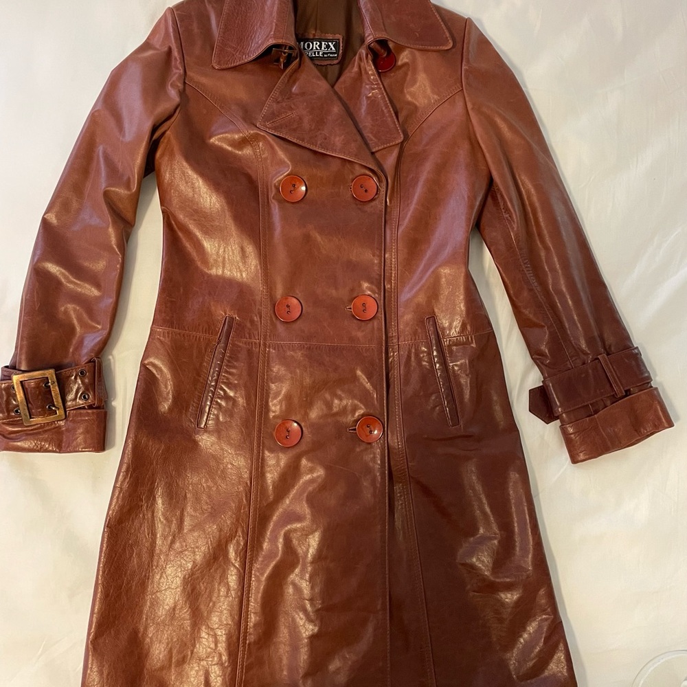 WOMEN'S BROWN/ORANGE LEATHER COAT TRENCH SZ 8,M/L LIKE NEW CONDITION